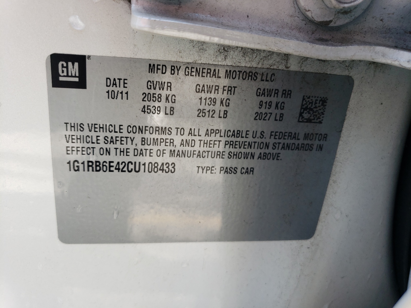 1G1RB6E42CU108433 2012 Chevrolet Volt