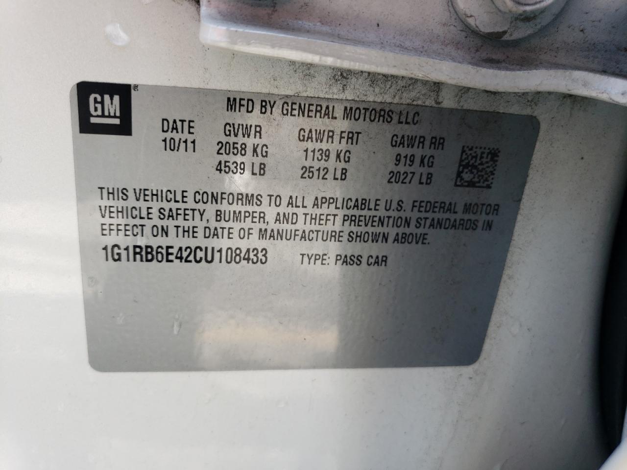 2012 Chevrolet Volt VIN: 1G1RB6E42CU108433 Lot: 65739864