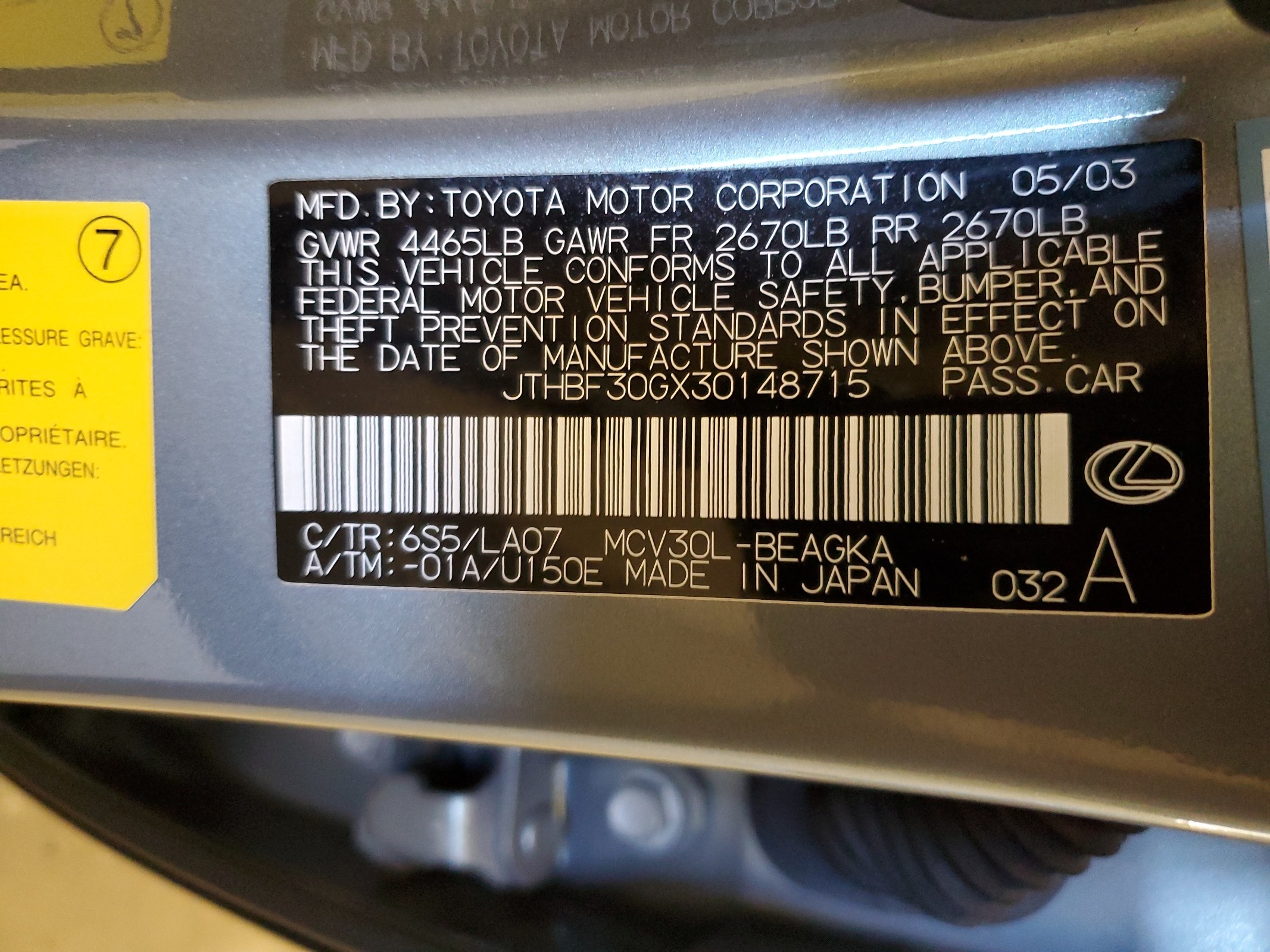 JTHBF30GX30148715 2003 Lexus Es 300