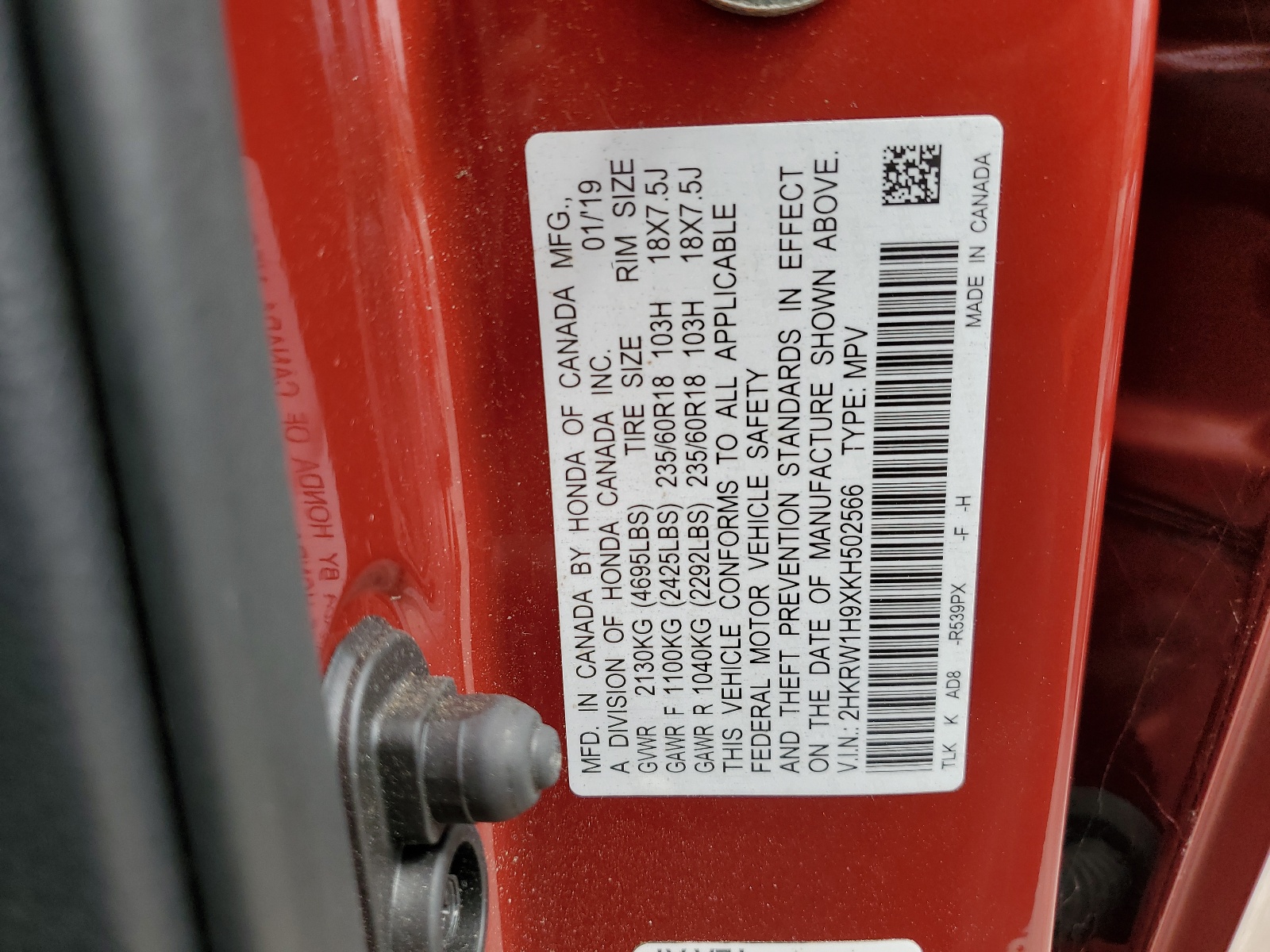 2HKRW1H9XKH502566 2019 Honda Cr-V Touring