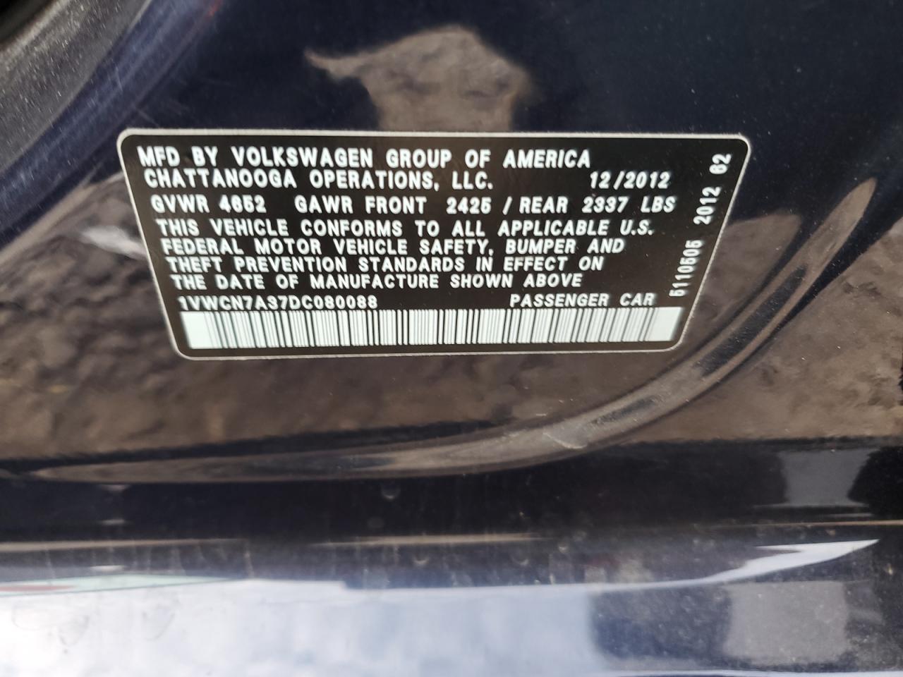 1VWCN7A37DC080088 2013 Volkswagen Passat Sel