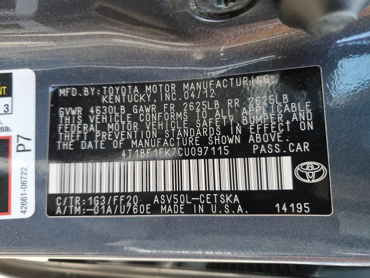 4T1BF1FK7CU097115 2012 Toyota Camry Base