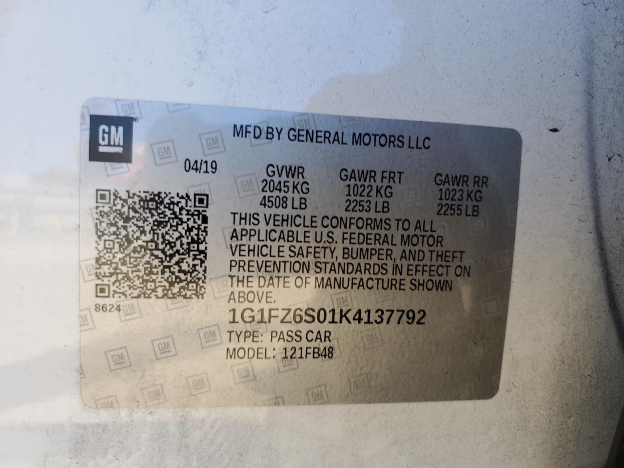 2019 Chevrolet Bolt Ev Premier VIN: 1G1FZ6S01K4137792 Lot: 68357824