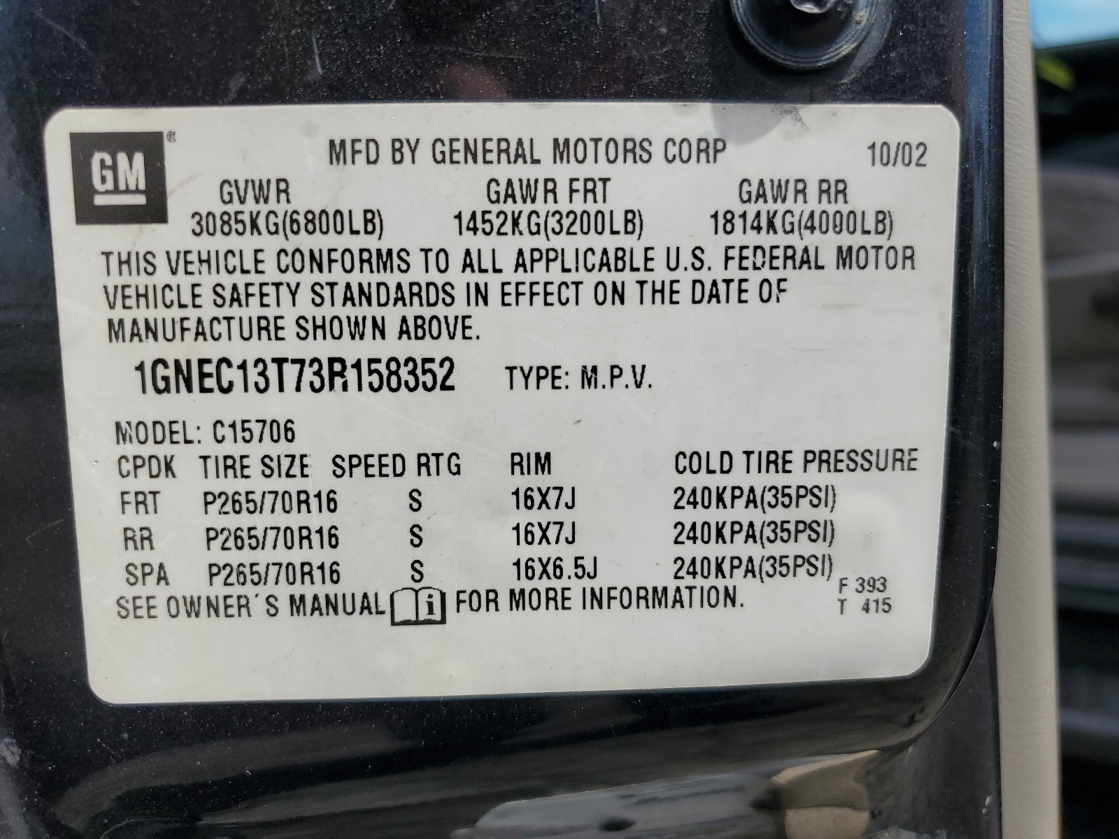 1GNEC13T73R158352 2003 Chevrolet Tahoe C1500