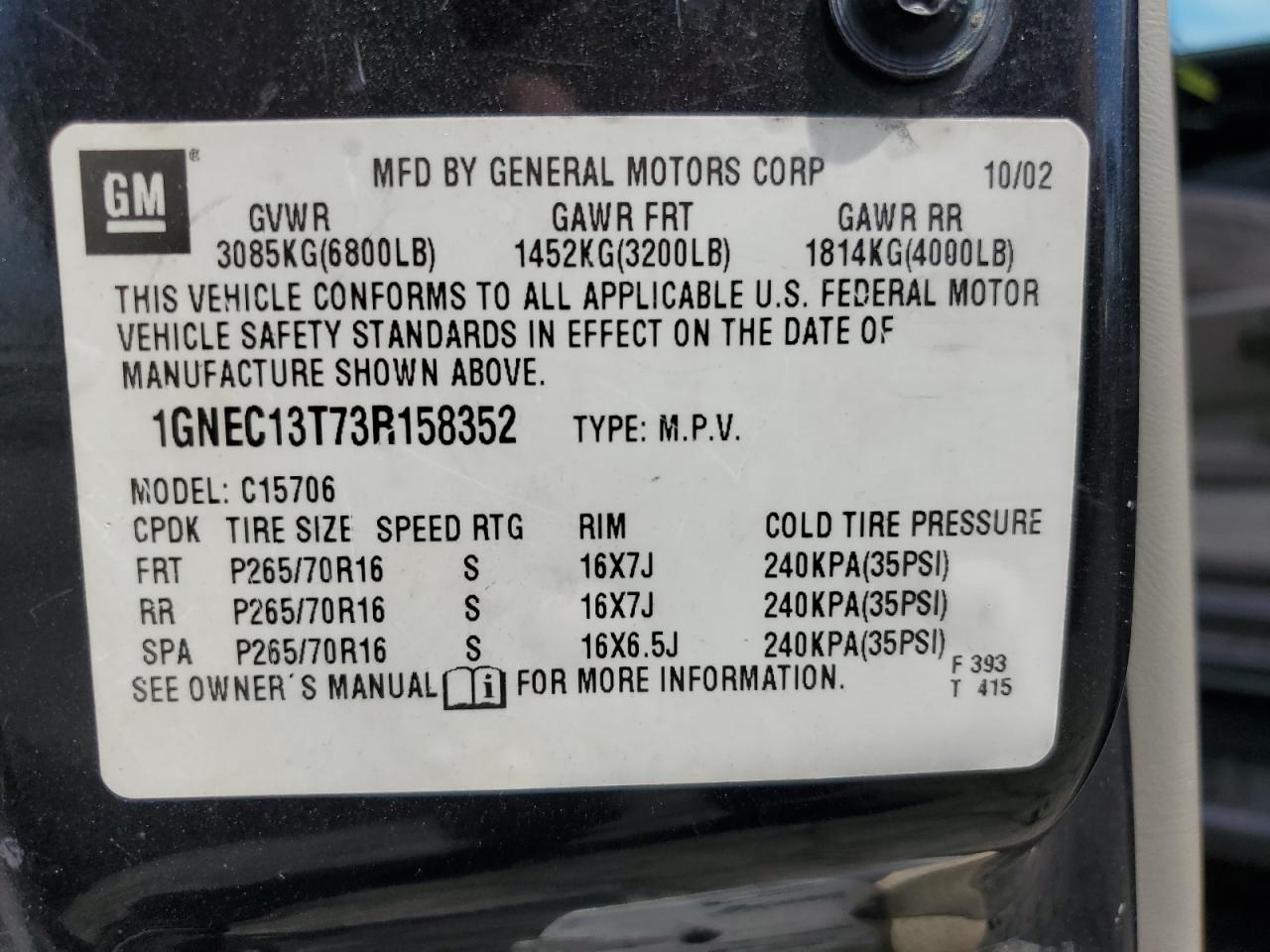 2003 Chevrolet Tahoe C1500 VIN: 1GNEC13T73R158352 Lot: 66193914