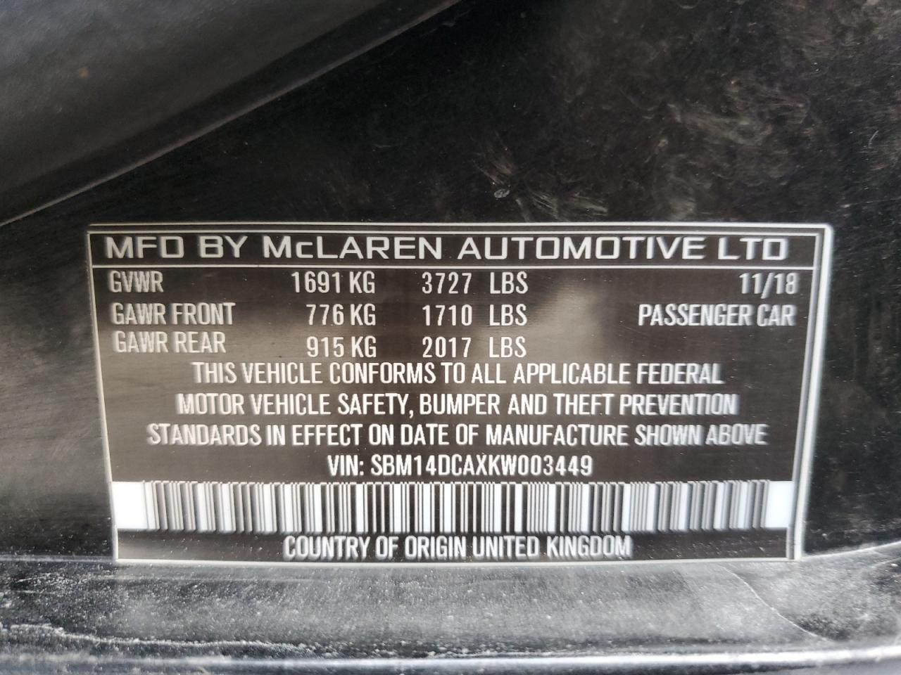 SBM14DCAXKW003449 2019 Mclaren Automotive 720S