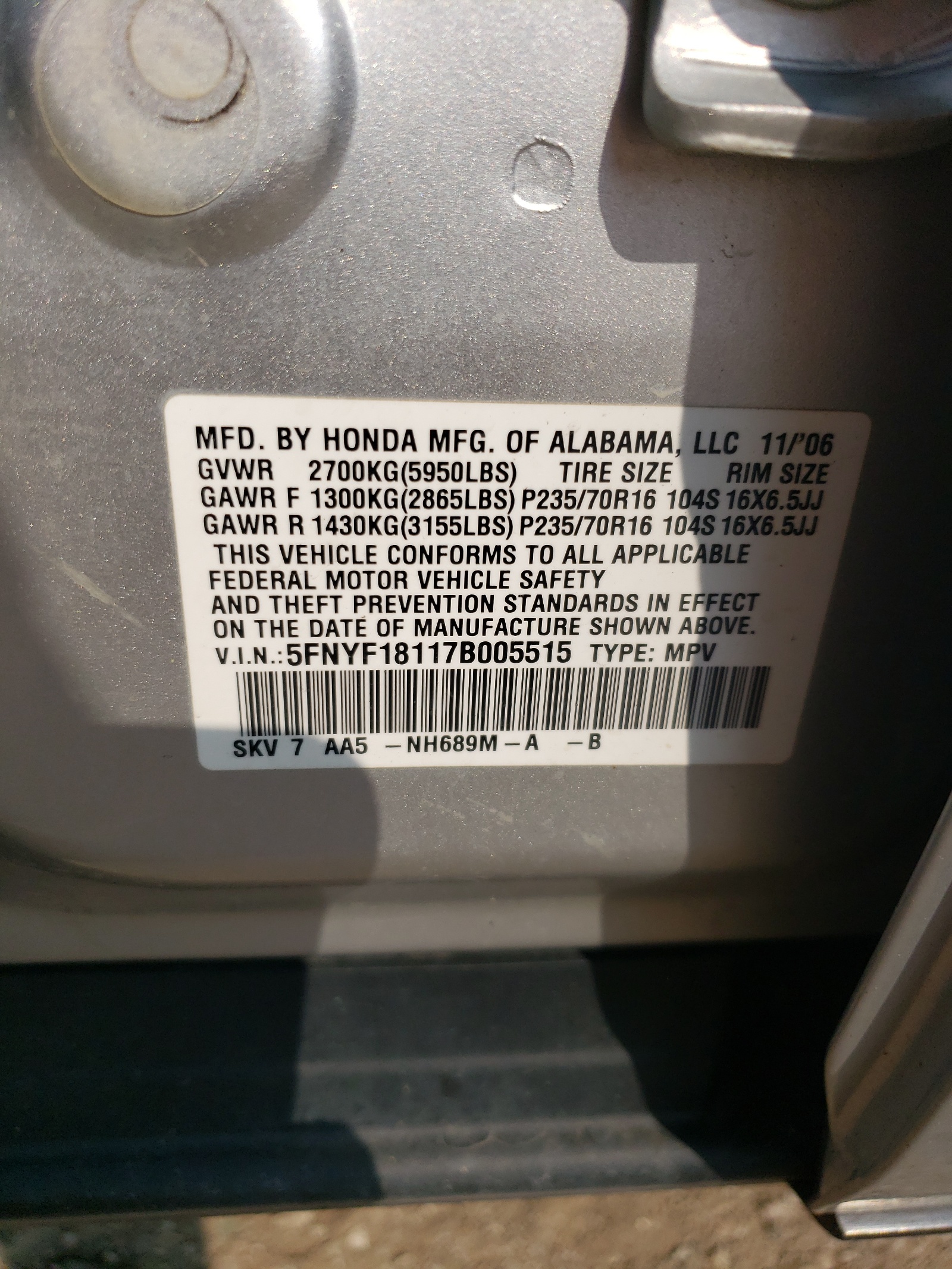 5FNYF18117B005515 2007 Honda Pilot Lx