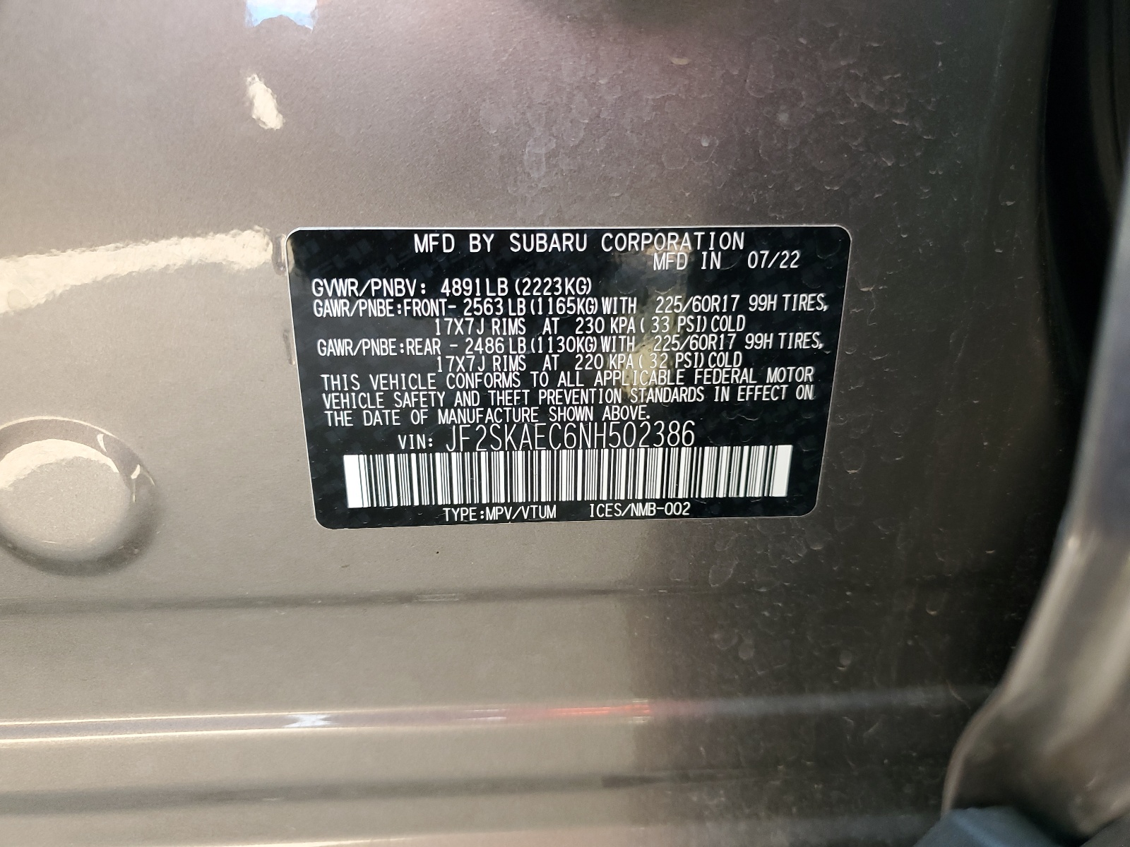 JF2SKAEC6NH502386 2022 Subaru Forester Premium