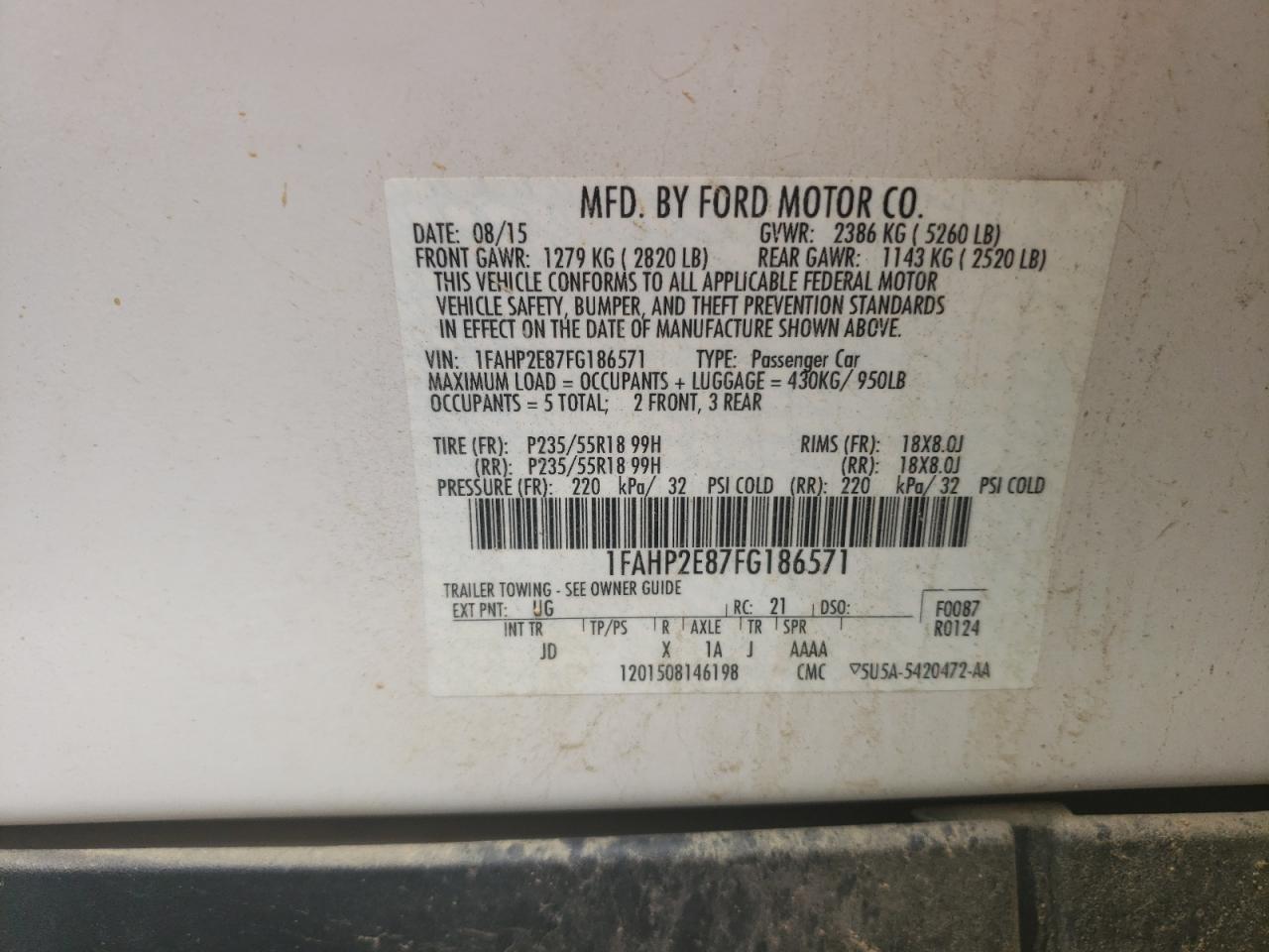 1FAHP2E87FG186571 2015 Ford Taurus Sel