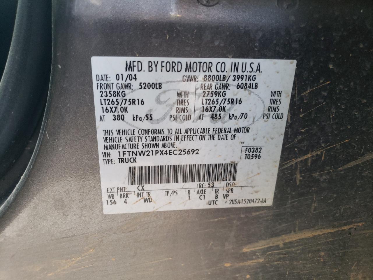 1FTNW21PX4EC25692 2004 Ford F250 Super Duty