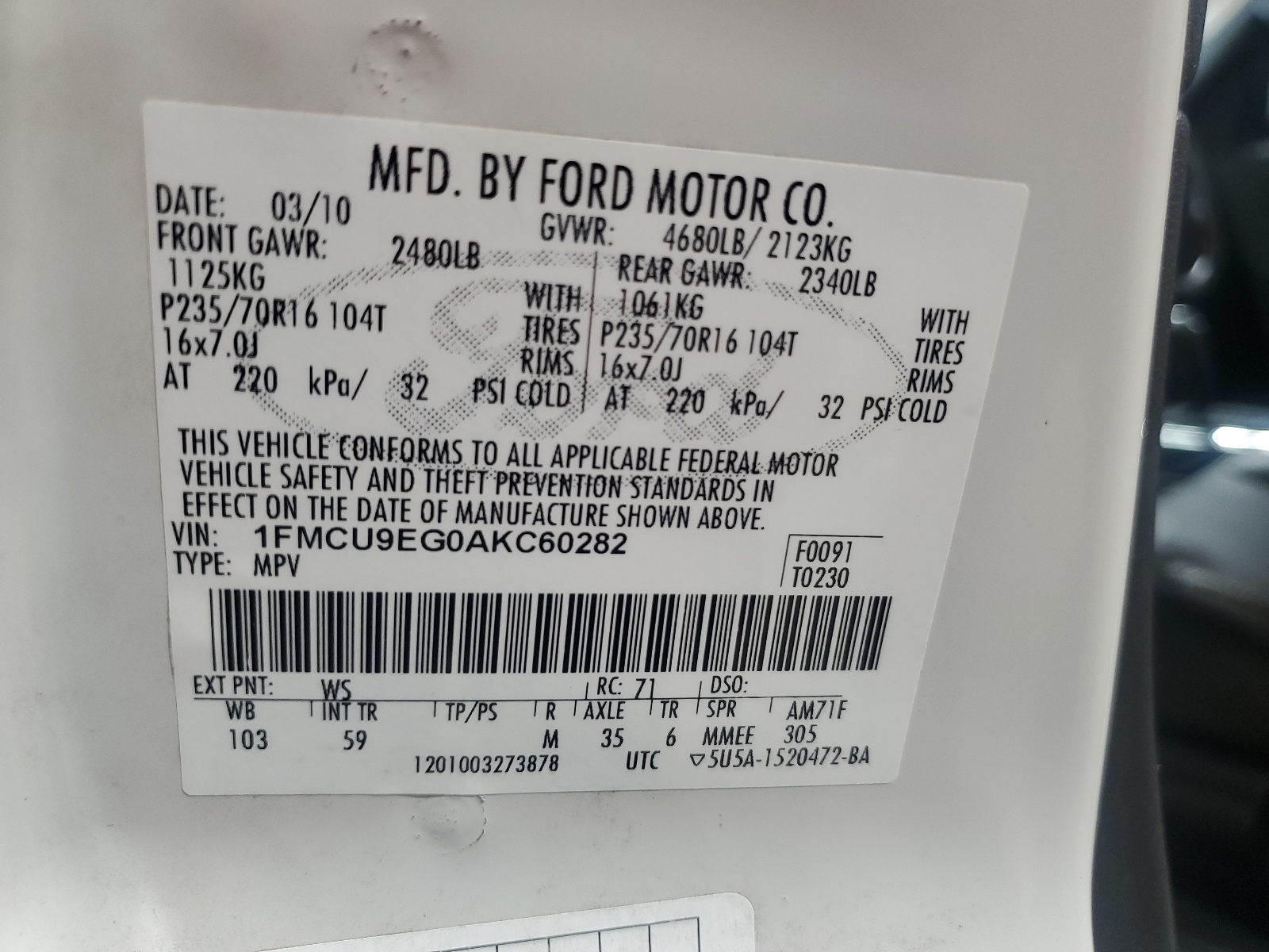 1FMCU9EG0AKC60282 2010 Ford Escape Limited