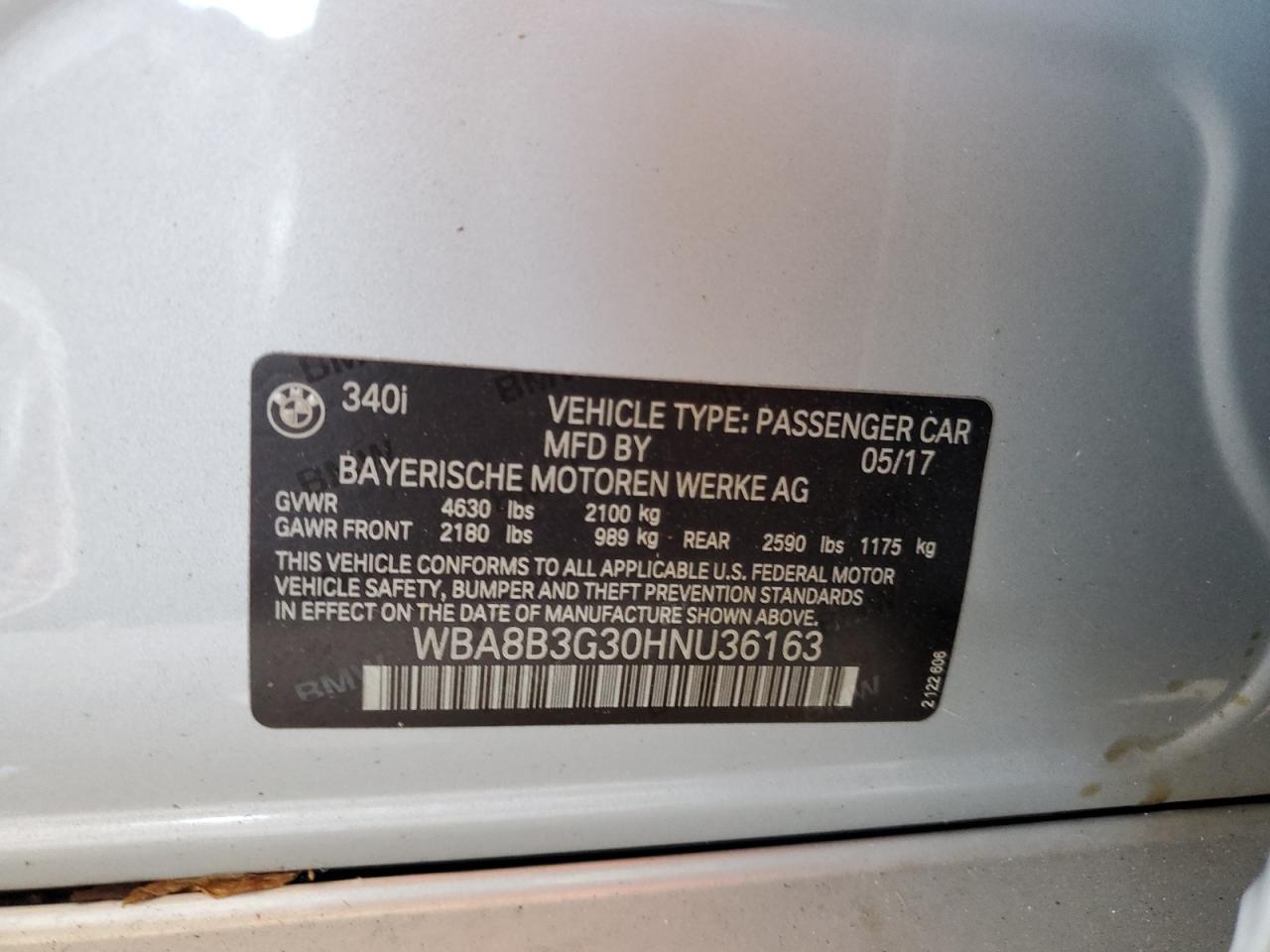 2017 BMW 340 I VIN: WBA8B3G30HNU36163 Lot: 66659694