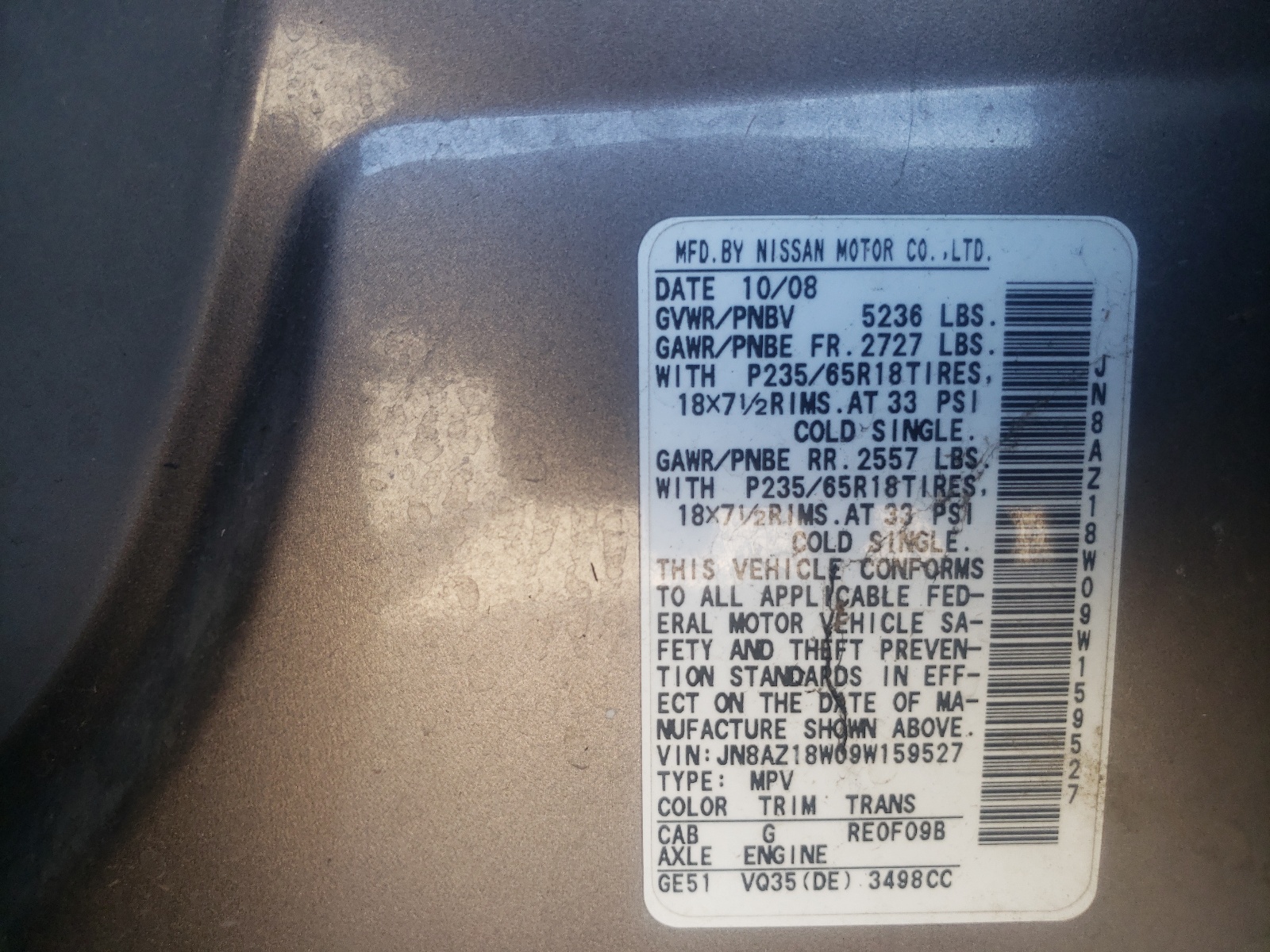 JN8AZ18W09W159527 2009 Nissan Murano S