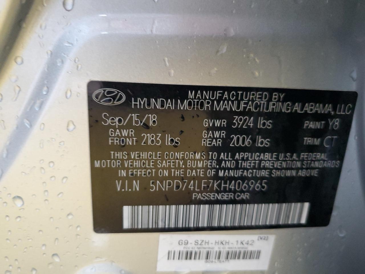 2019 Hyundai Elantra Se VIN: 5NPD74LF7KH406965 Lot: 67268454