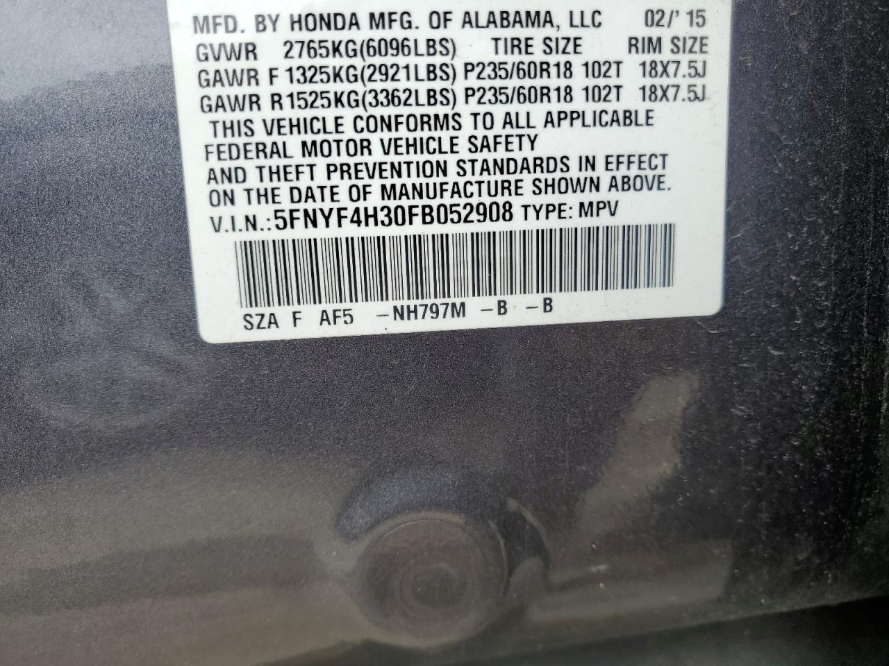 5FNYF4H30FB052908 2015 Honda Pilot Se
