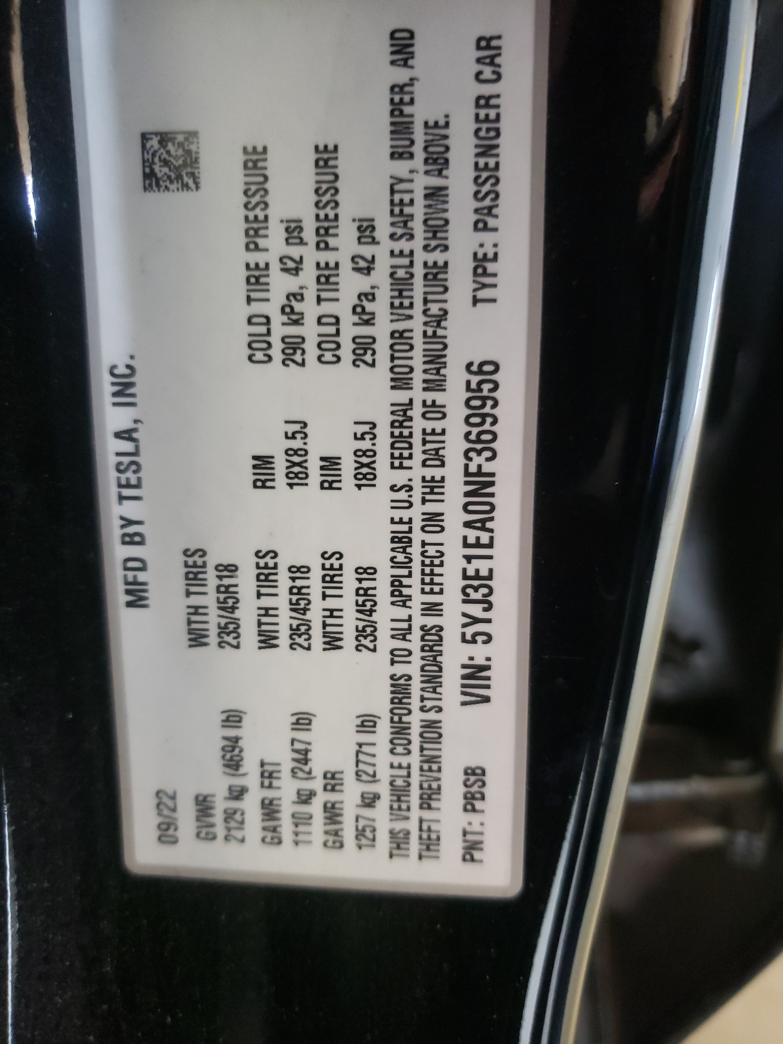 5YJ3E1EA0NF369956 2022 Tesla Model 3