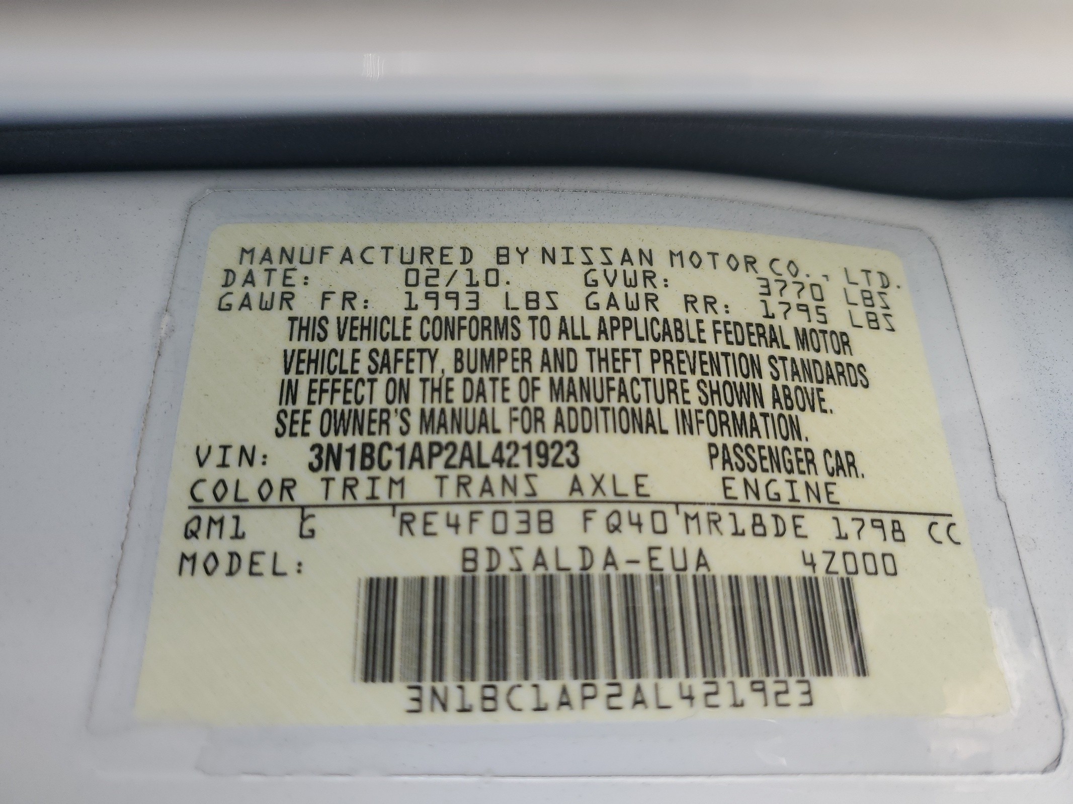 3N1BC1AP2AL421923 2010 Nissan Versa S