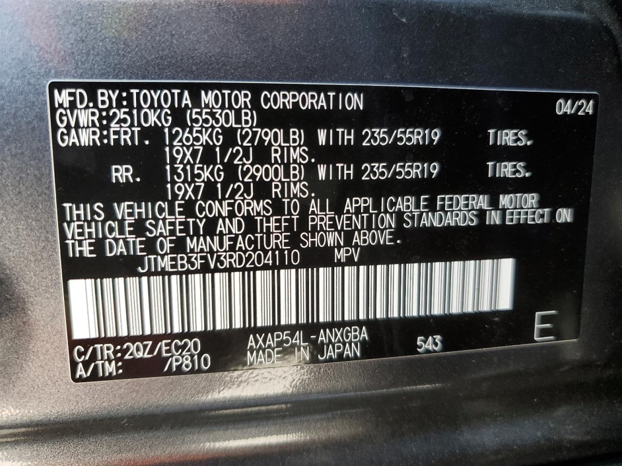 2024 Toyota Rav4 Prime Xse VIN: JTMEB3FV3RD204110 Lot: 68830594