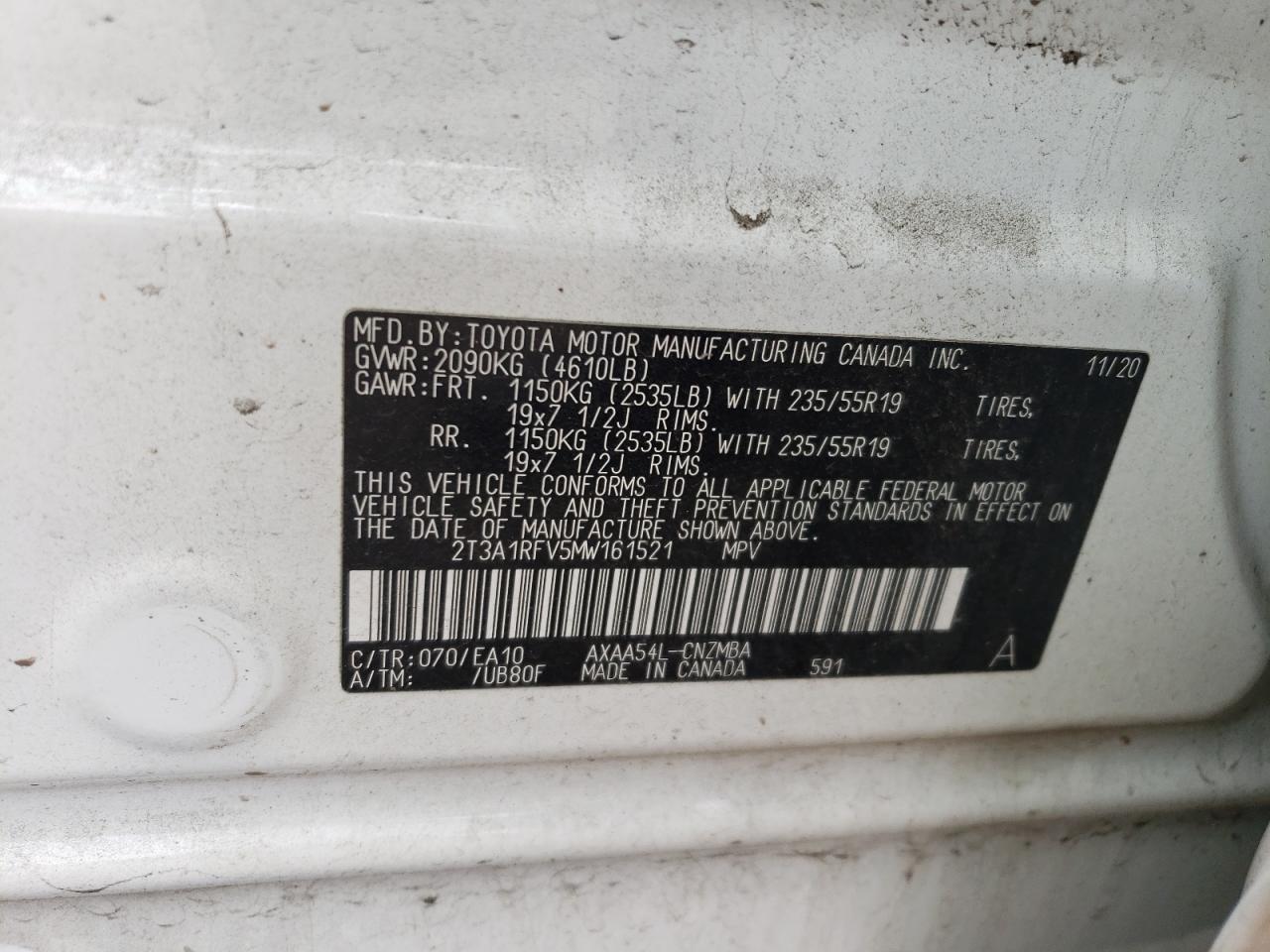 2T3A1RFV5MW161521 2021 Toyota Rav4 Xle Premium