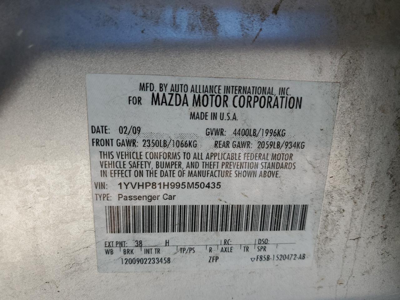 1YVHP81H995M50435 2009 Mazda 6 I