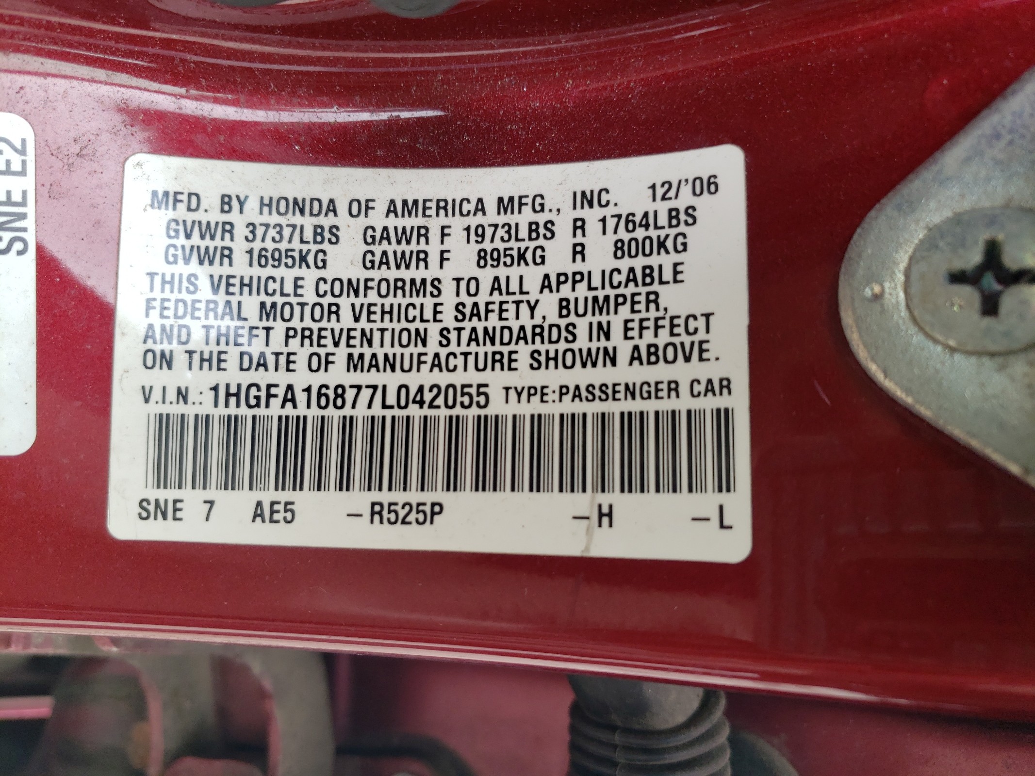 1HGFA16877L042055 2007 Honda Civic Ex