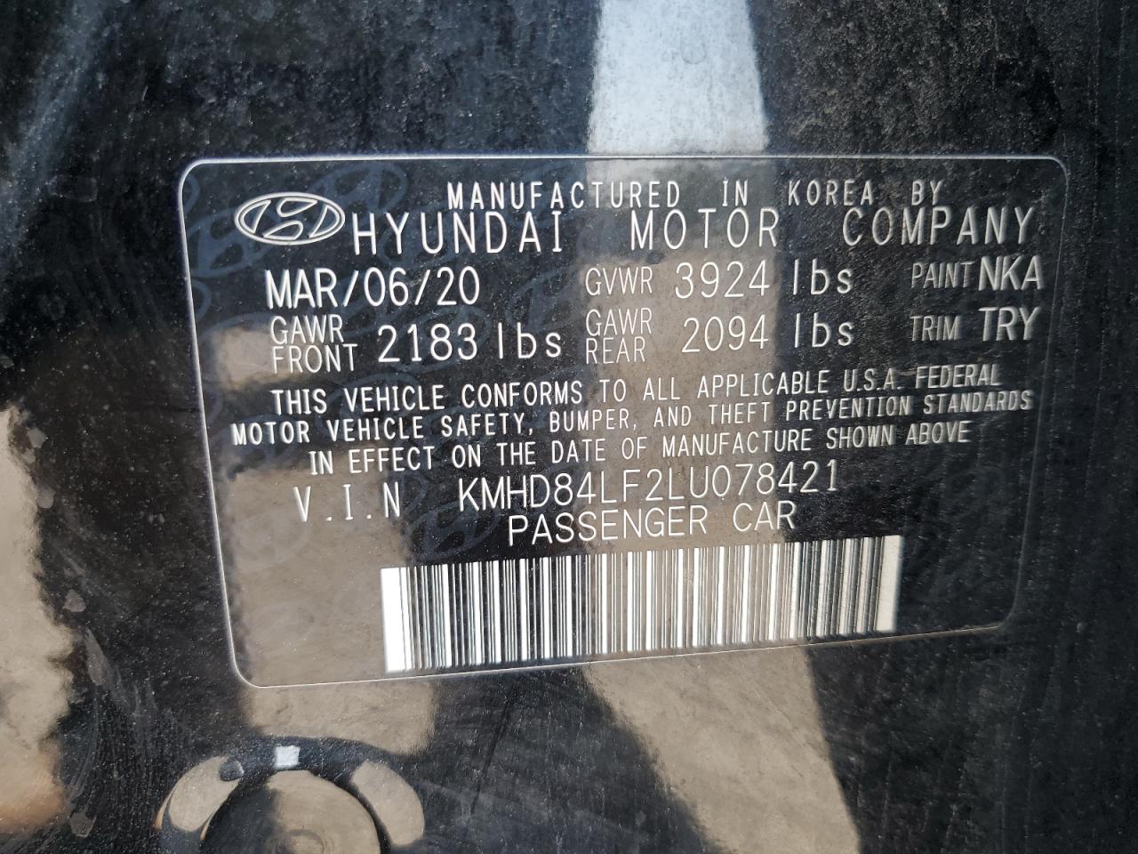 2020 Hyundai Elantra Sel VIN: KMHD84LF2LU078421 Lot: 68064964