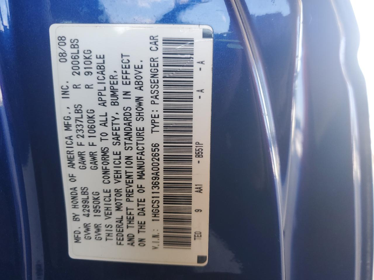 1HGCS11369A002656 2009 Honda Accord Lx