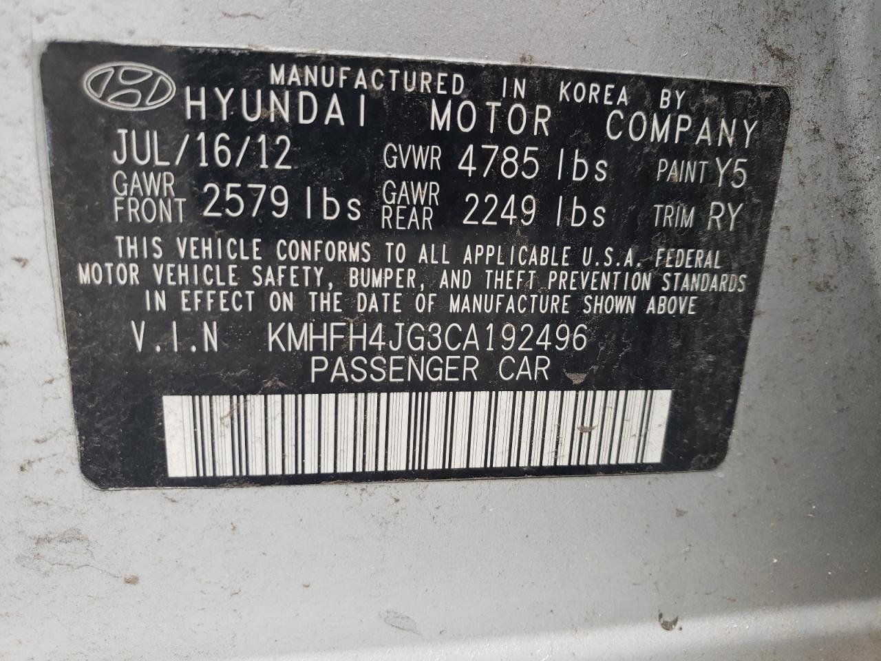 2012 Hyundai Azera Gls VIN: KMHFH4JG3CA192496 Lot: 64794034