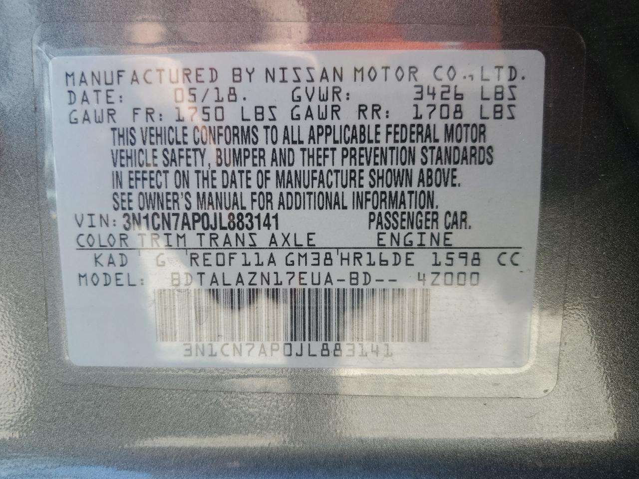 3N1CN7AP0JL883141 2018 Nissan Versa S