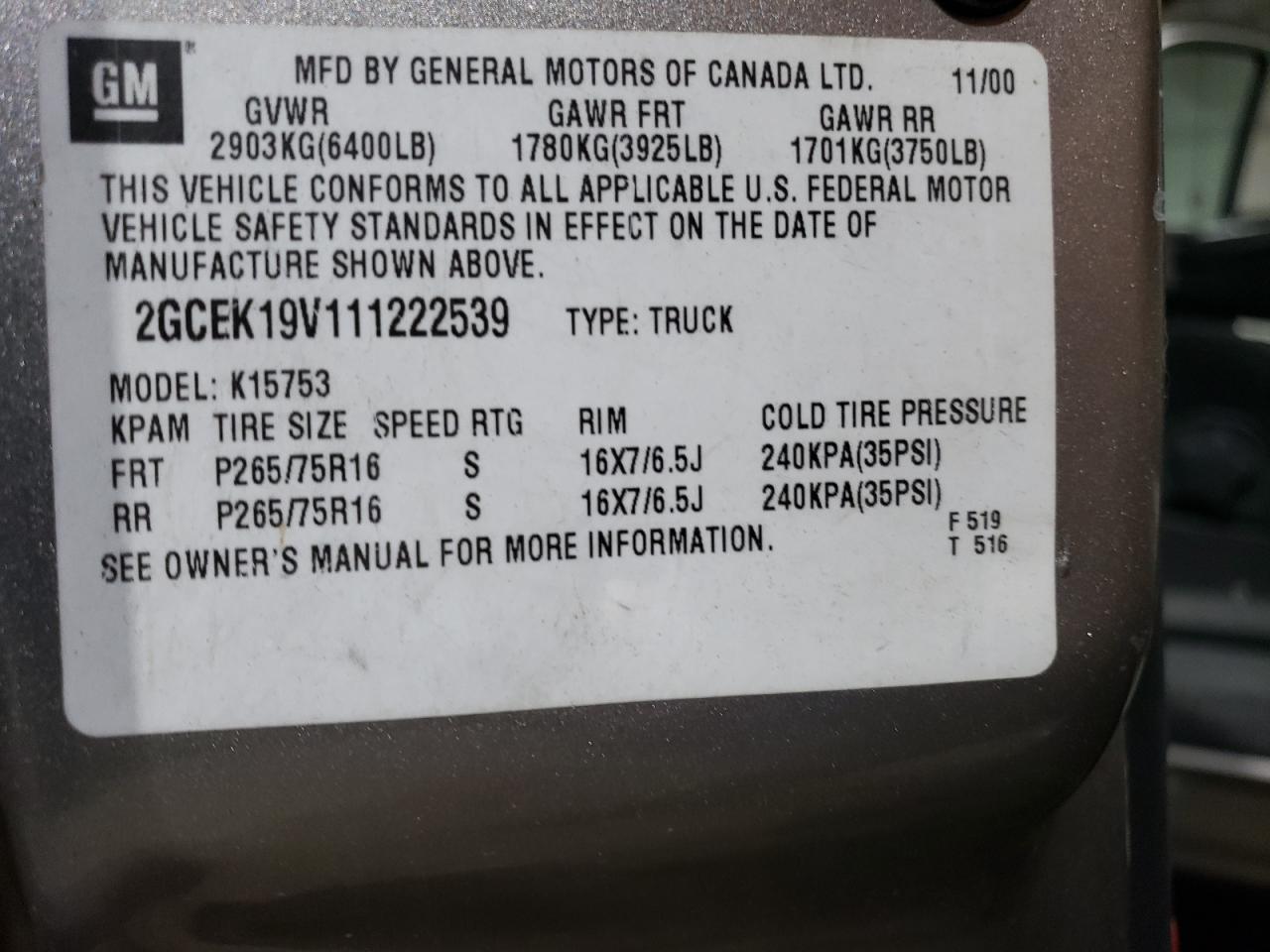 2GCEK19V111222539 2001 Chevrolet Silverado K1500