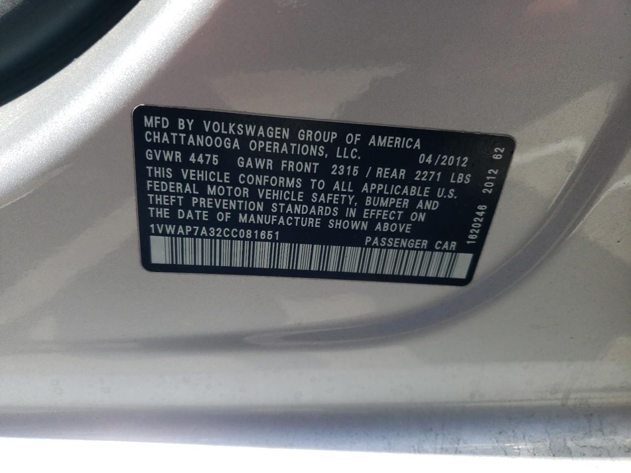 2012 Volkswagen Passat S VIN: 1VWAP7A32CC081651 Lot: 66309374