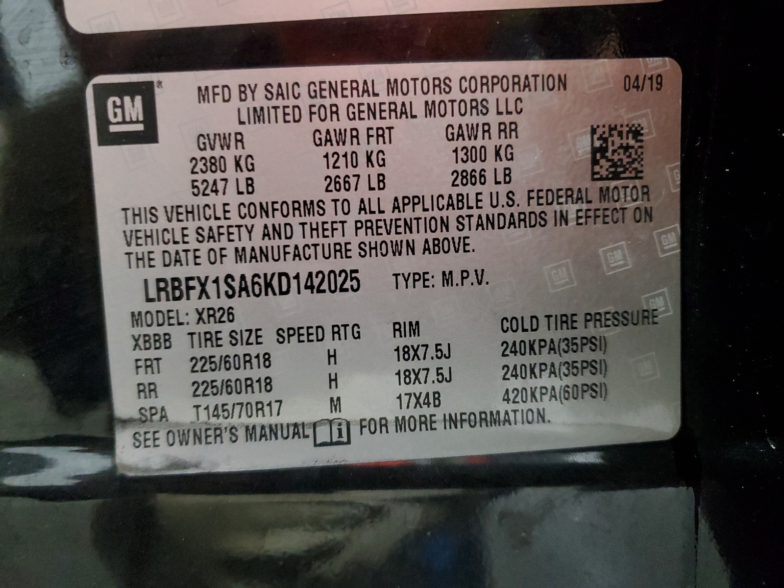 LRBFX1SA6KD142025 2019 Buick Envision Preferred