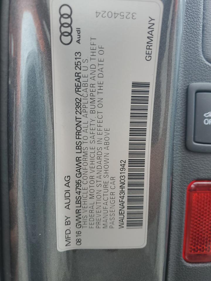 2017 Audi A4 Premium Plus VIN: WAUENAF43HN031942 Lot: 65766584