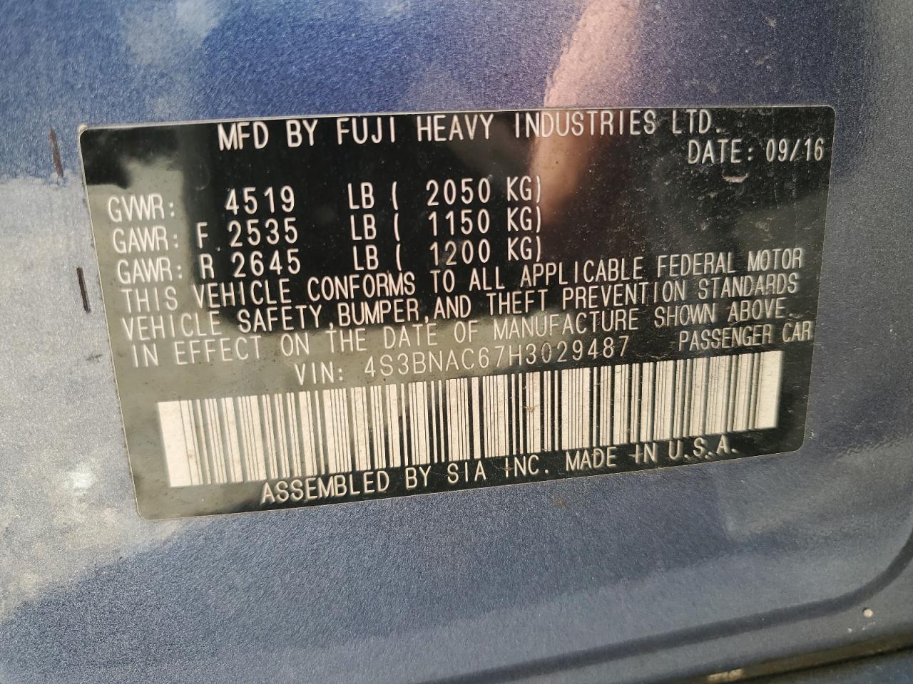 2017 Subaru Legacy 2.5I Premium VIN: 4S3BNAC67H3029487 Lot: 68622134