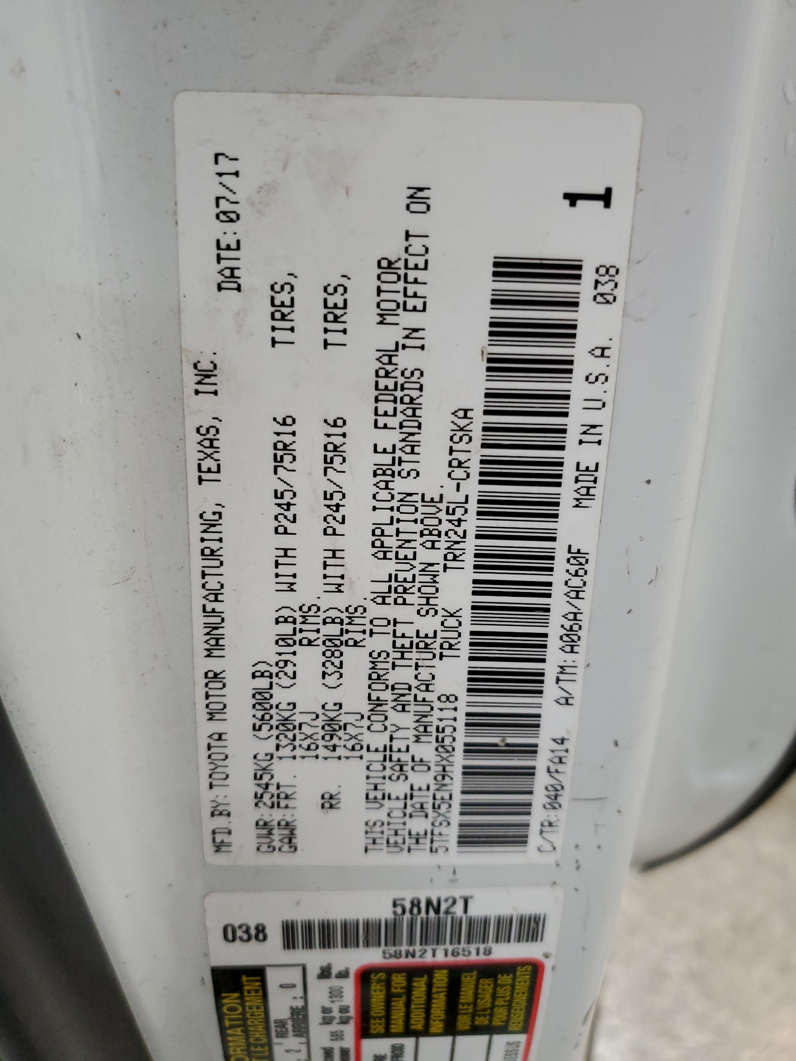 5TFSX5EN9HX055118 2017 Toyota Tacoma Access Cab