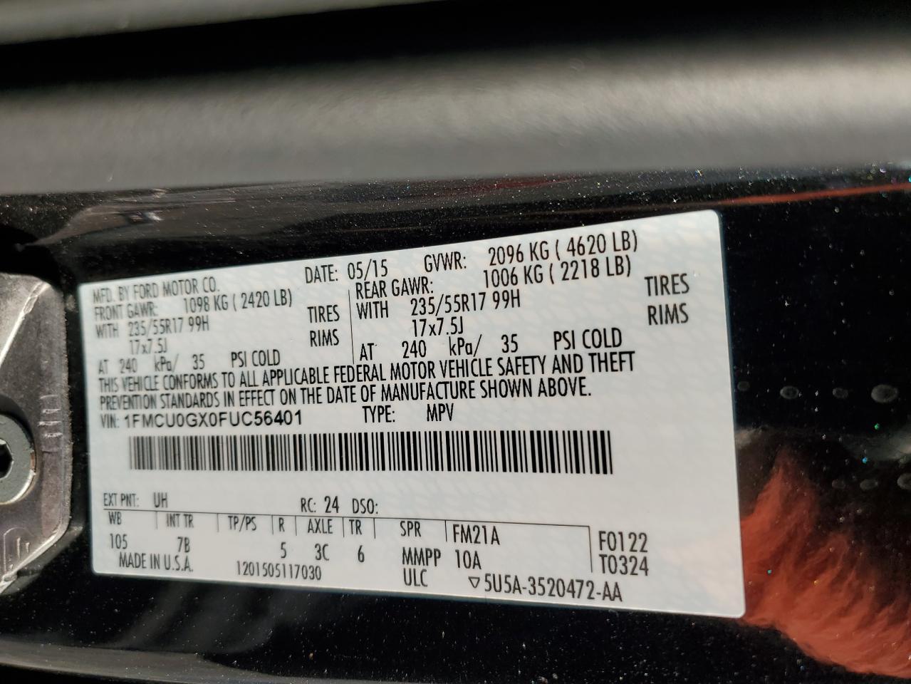 2015 Ford Escape Se VIN: 1FMCU0GX0FUC56401 Lot: 66345294