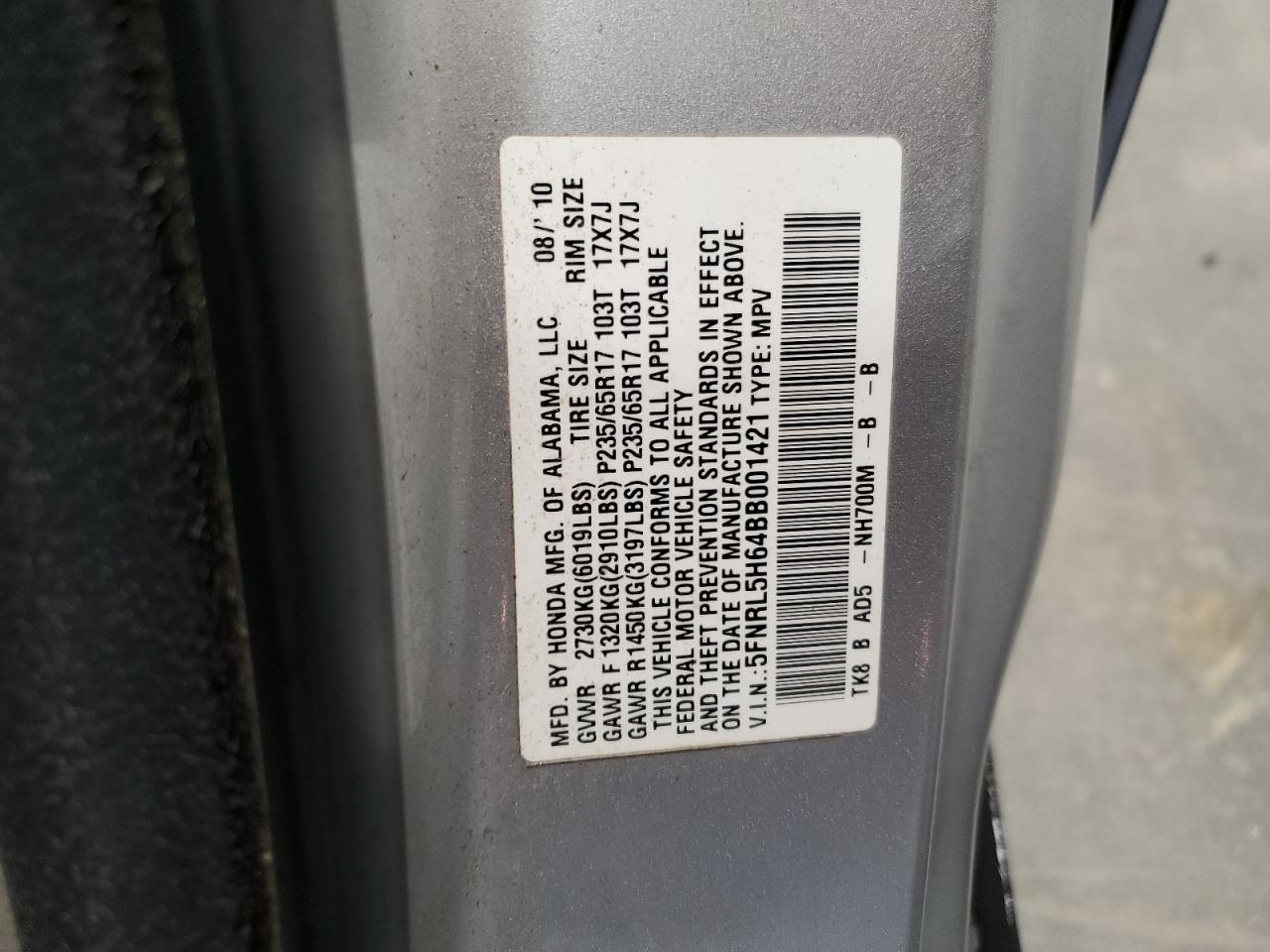 5FNRL5H64BB001421 2011 Honda Odyssey Exl