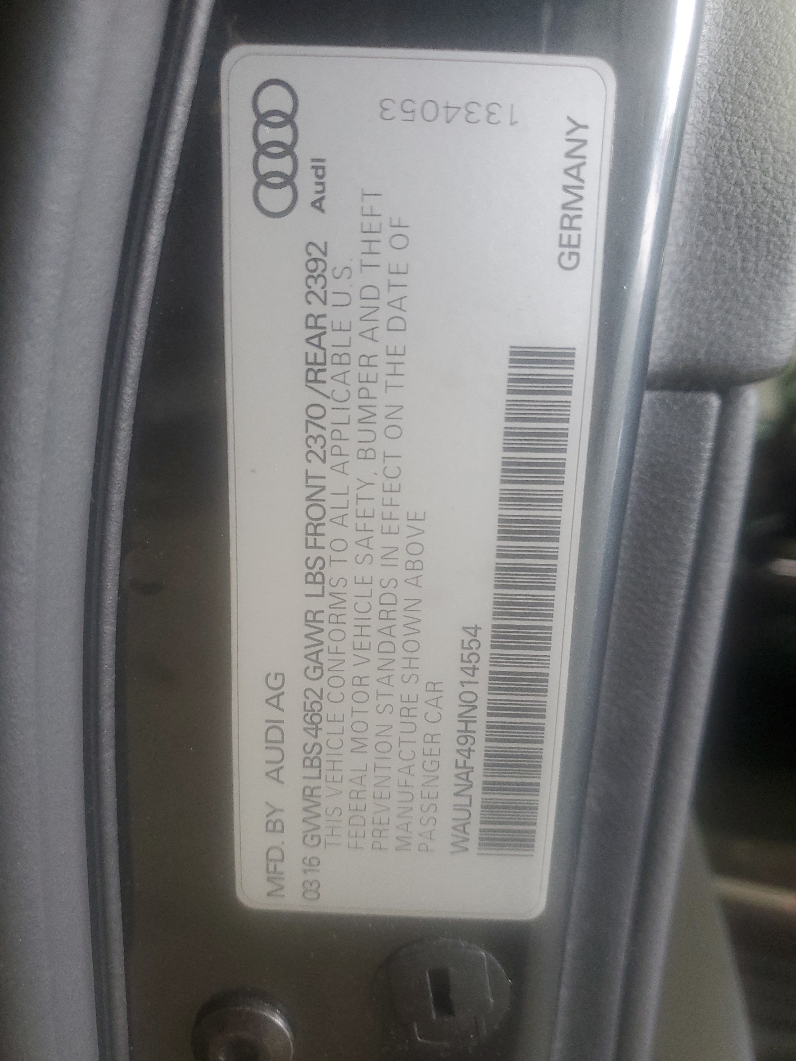 WAULNAF49HN014554 2017 Audi A4 Premium Plus