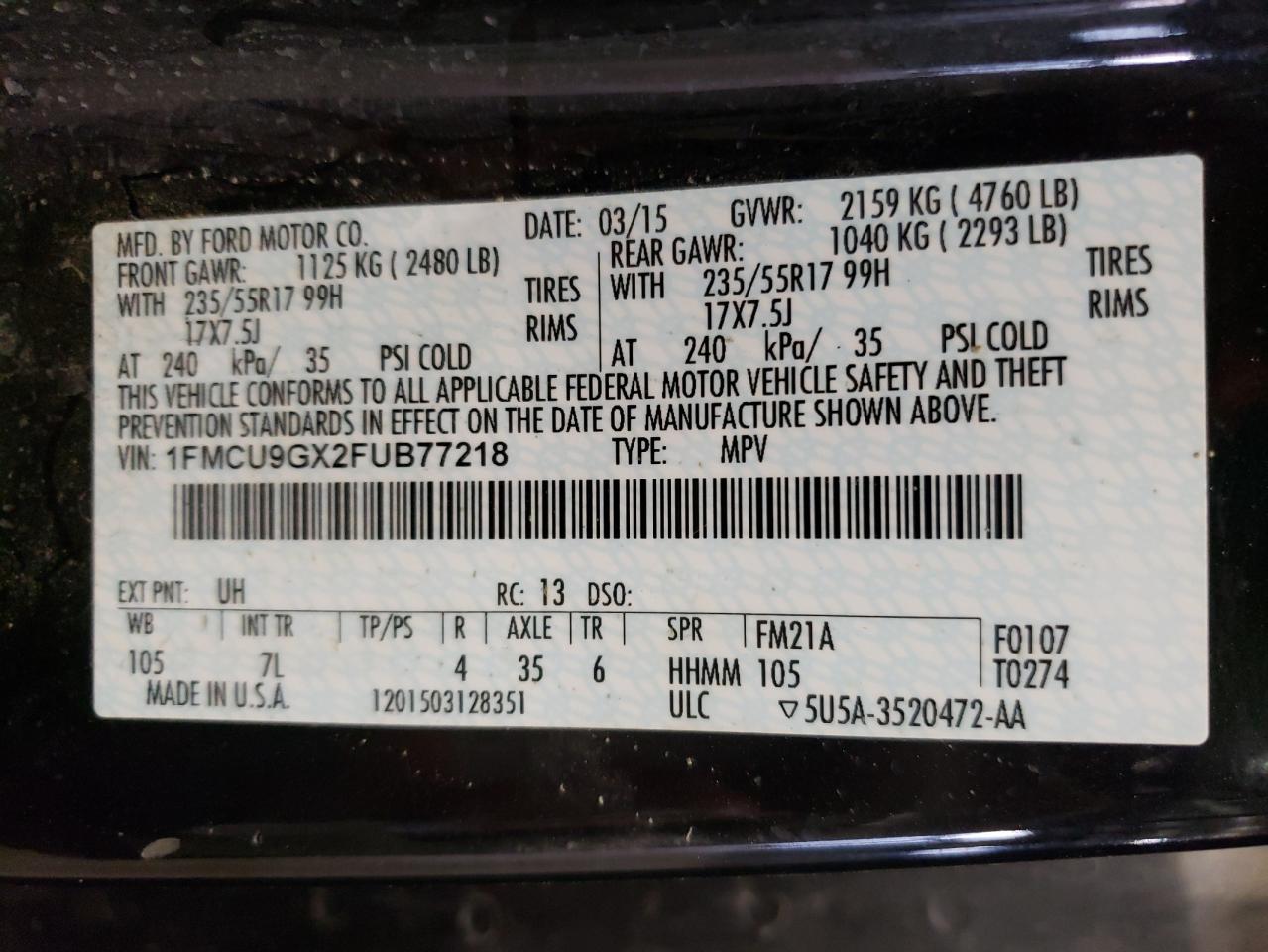 2015 Ford Escape Se VIN: 1FMCU9GX2FUB77218 Lot: 68646684