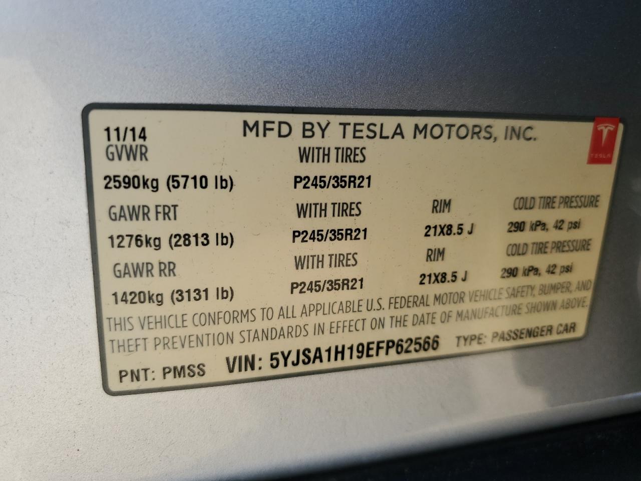 2014 Tesla Model S VIN: 5YJSA1H19EFP62566 Lot: 68288224