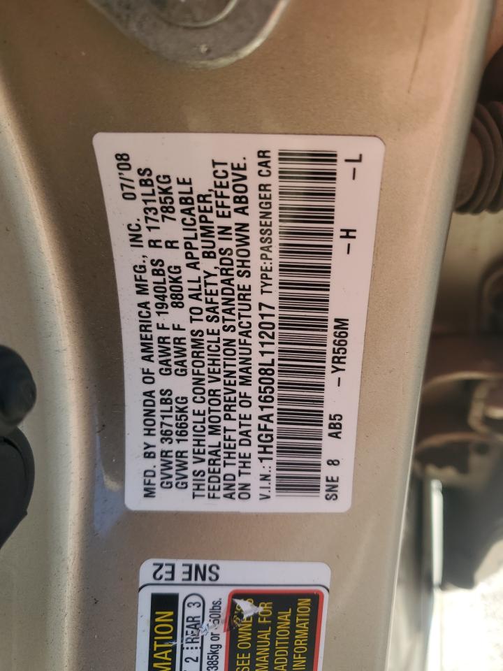 2008 Honda Civic Lx VIN: 1HGFA16508L112017 Lot: 68412624