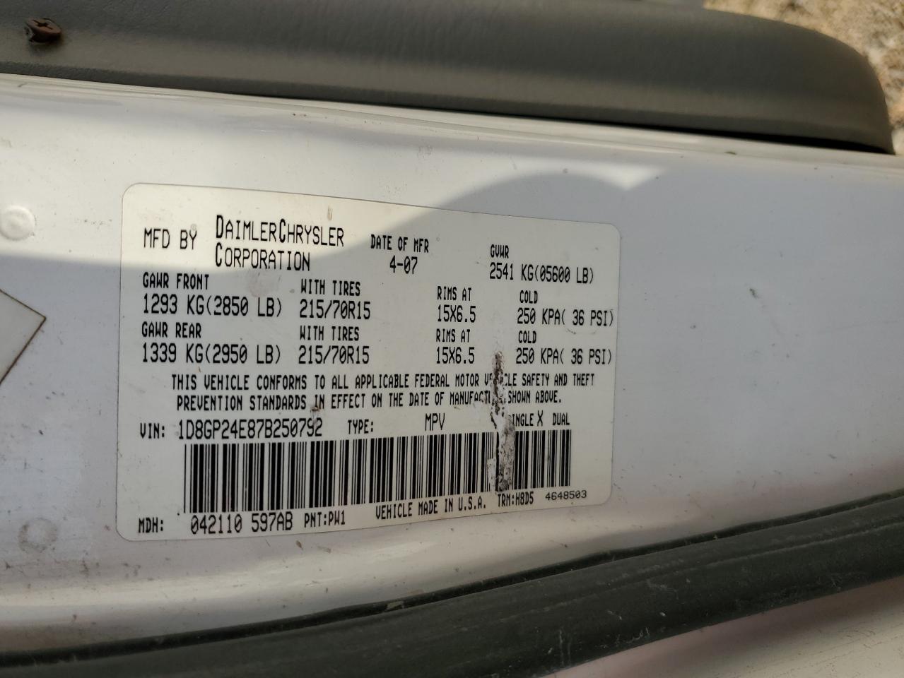 1D8GP24E87B250792 2007 Dodge Grand Caravan Se