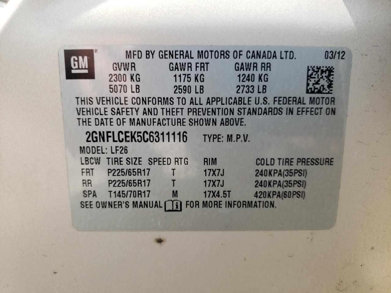 2GNFLCEK5C6311116 2012 Chevrolet Equinox Ls