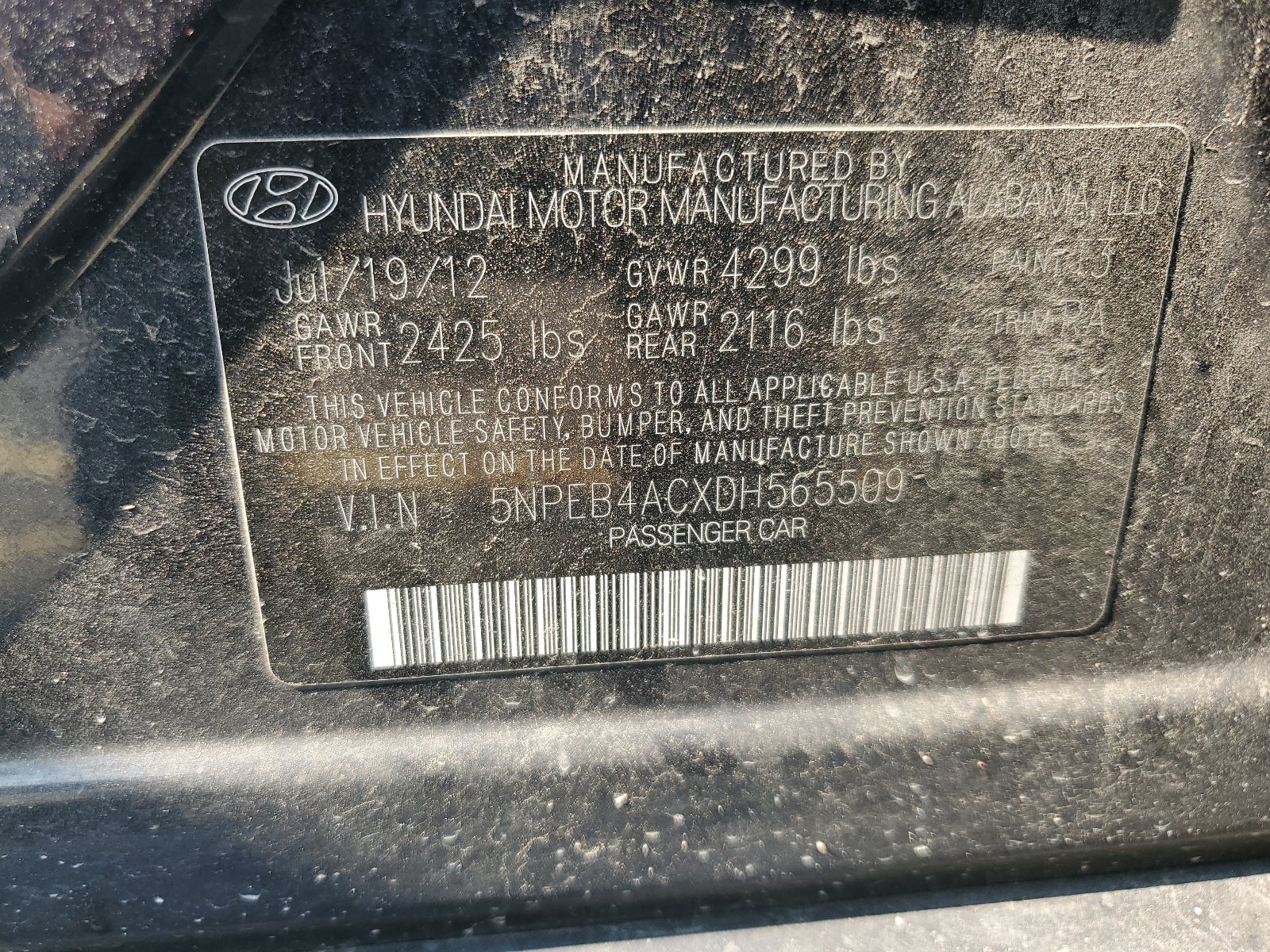 5NPEB4ACXDH565509 2013 Hyundai Sonata Gls