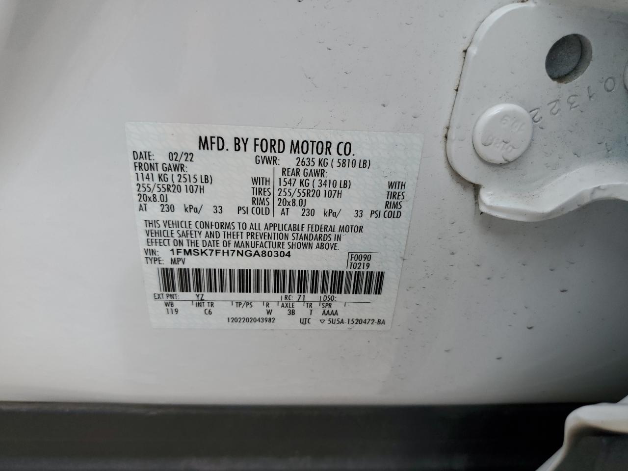 2022 Ford Explorer Limited VIN: 1FMSK7FH7NGA80304 Lot: 67854484