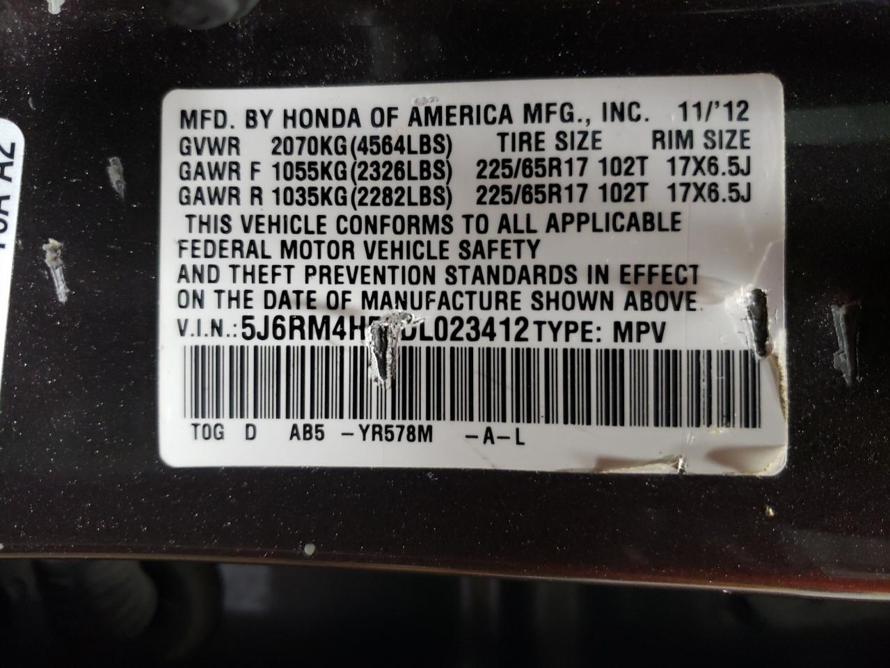 2013 Honda Cr-V Ex VIN: 5J6RM4H52DL023412 Lot: 68462164