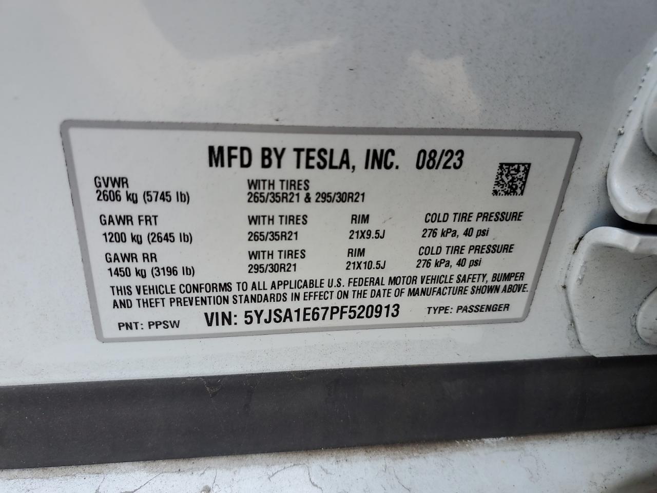 2023 Tesla Model S VIN: 5YJSA1E67PF520913 Lot: 67879714