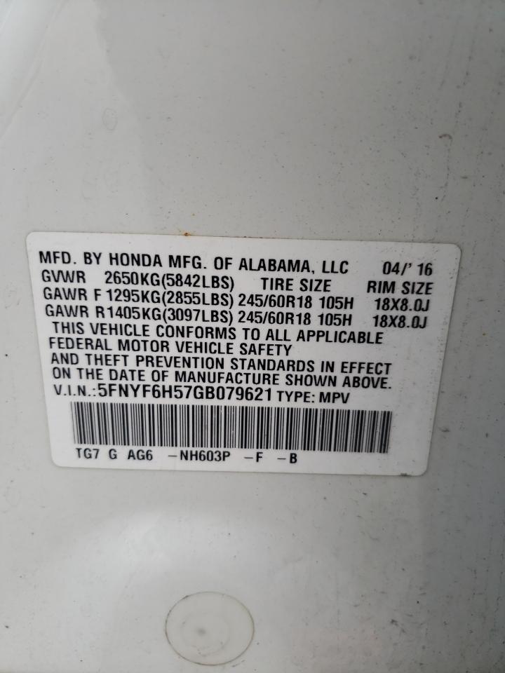 2016 Honda Pilot Exl VIN: 5FNYF6H57GB079621 Lot: 66334344