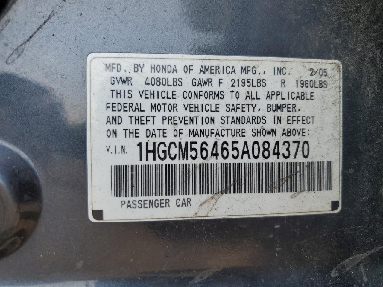 2005 Honda Accord Lx VIN: 1HGCM56465A084370 Lot: 64994004