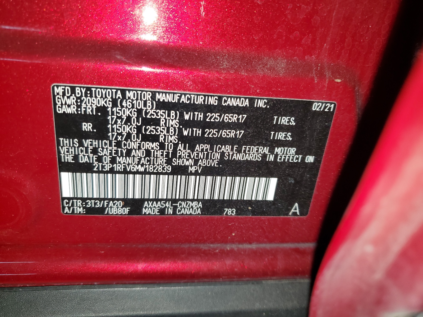 2T3P1RFV6MW182839 2021 Toyota Rav4 Xle